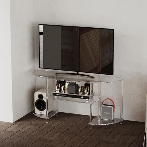 Acrylic Modern TV Stand, 3-Tier Semi-Circular TV Console Table | Corner TV Stand, Entertainment Center with Open Shelves, TVs up to 50 Inch, 47.2'' L x 13.4'' W x 22.4'' H, Clear