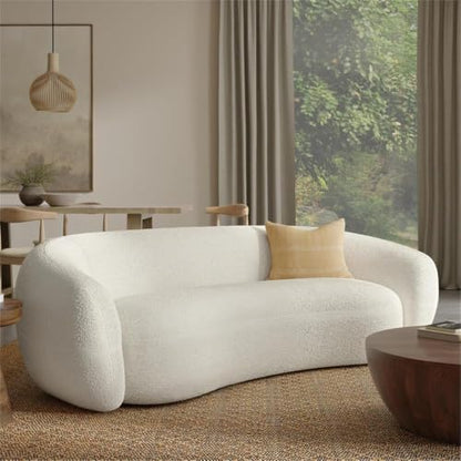89" Wide Contemporary Sofa, Vanilla Cream Boucle Fabric, Solid and Engineered Wood Frame, Plush Cushions, Curved Silhouette, 3-Seater, Durable Living Room Seating, Modern Lounge Furniture