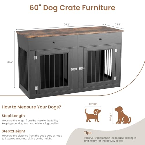 60" Dog Crate Furniture for 2 Dogs, Dog Kennel Furniture, Black, view 3