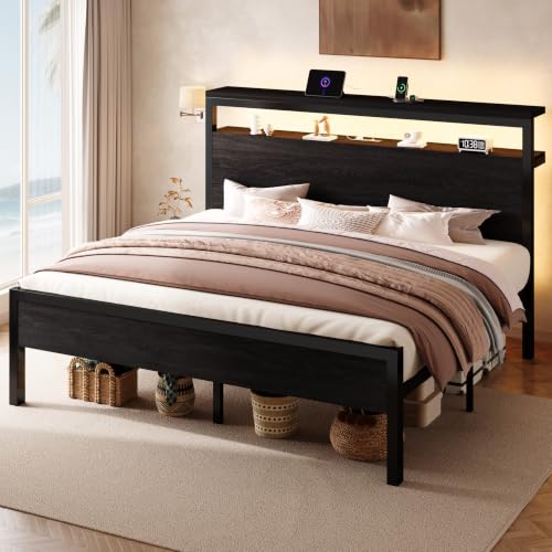 King Bed Frame, 2-Tier Storage Headboard, LED, Charging Station, view 4