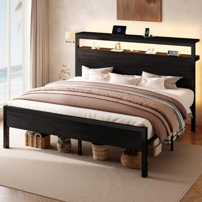 King Bed Frame, 2-Tier Storage Headboard, LED, Charging Station, view 4