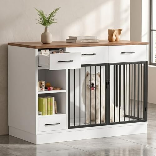 47.2" Large Dog Crate Furniture with 3 Storage Drawers & Hidden Bowl, view 2
