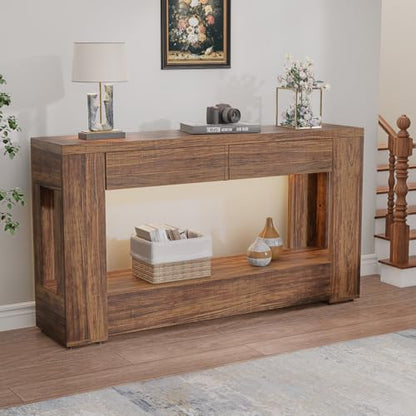 Farmhouse Entryway Table with Storage Drawers and LED Lighting, 55 Inch Long Narrow Console Sofa Table for Hallway Table Entrance Living Room, Rustic Brown