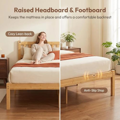 18 Inch Solid Bamboo Wood Full Bed Frame with Headboard, view 6