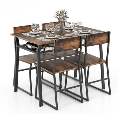 Dining Table Set for 4, Kitchen Table and Chairs for 4 with Storage Rack, Space-Saving Dinette Set for Kitchen Dining Room (Rustic Brown)