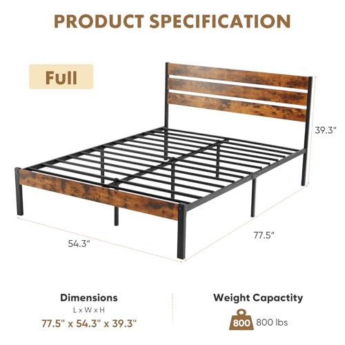 Full Size Platform Bed Frame with Wooden Headboard and Footboard, view 3