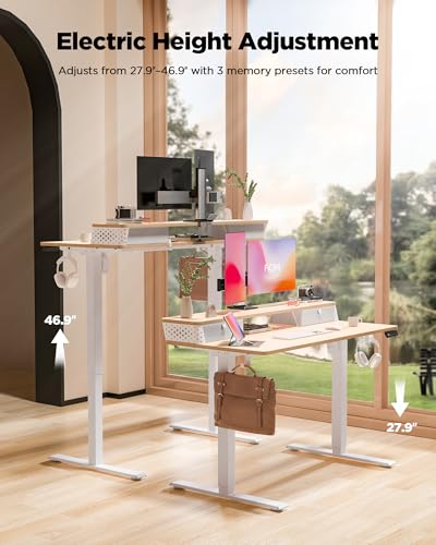 40x24 Inch Standing Desk with Drawers, C-Clamp Mount Compatible, Electric Adjustable Height Computer Small Stand Up Desks, Home Office Sit Stand Table with 3 Preset Heights, Maple