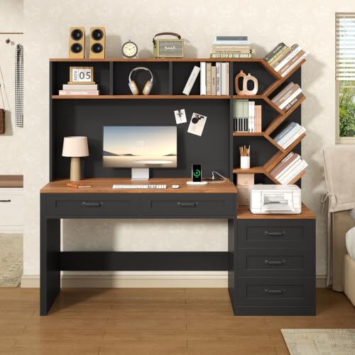 55" Computer Desk with Bookshelf, Drawers ＆ Hutch for Bedroom, Home Office, view 2