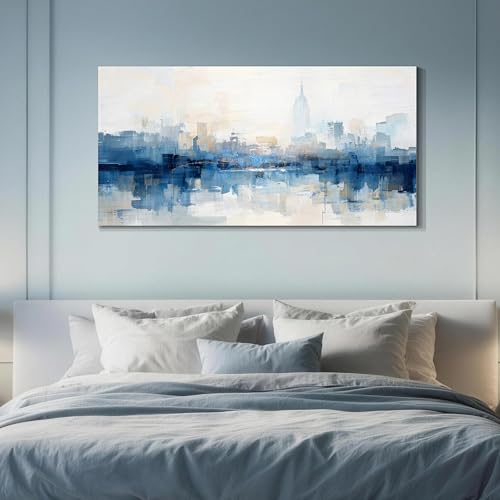 NY Skyline Wall Art Abstarct Cityscape Canvas Painting 40"x20" | new york print for living room blue white NYC picture artwork framed for bedroom office home hallway wall decoration