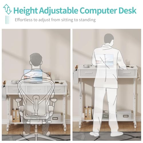 White Portable Rolling Computer Desk - 40 Inch Adjustable Mobile Standing Teacher Desks with 3 Fabric Drawers on Wheels, Couch Sofa Side Laptop Stand Up Table with Storage for Home Office, White