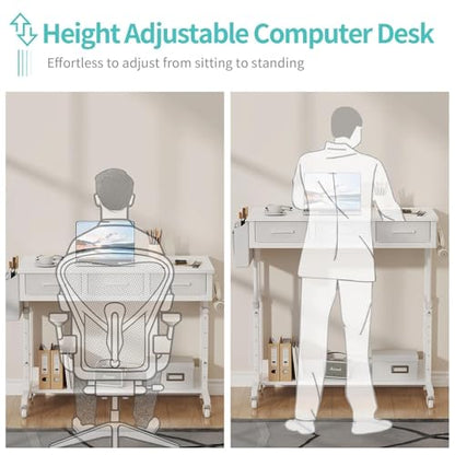 White Portable Rolling Computer Desk - 40 Inch Adjustable Mobile Standing Teacher Desks with 3 Fabric Drawers on Wheels, Couch Sofa Side Laptop Stand Up Table with Storage for Home Office, White