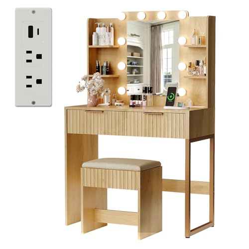 Fluted Makeup Vanity Desk with Mirror & Lights & Power Outlet, view 4