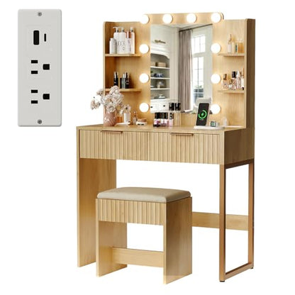 Fluted Makeup Vanity Desk with Mirror & Lights & Power Outlet, view 4