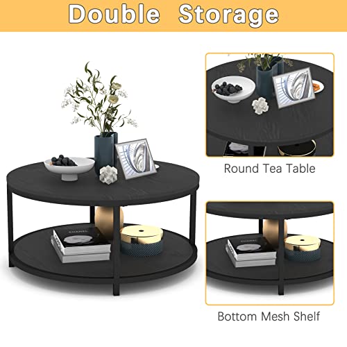 Round Coffee Table, 36" Rustic Wooden Surface Top & Sturdy Metal Legs Industrial Sofa Table for Living Room Modern Design Home Furniture with Storage Open Shelf (Black Oak)