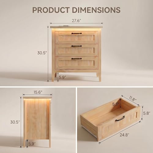 3 Dresser Drawer for Bedroom, 27.6" Wide Wood Bedside Table for Bedroom, Modern Farmhouse Night Stand with Smart RGB Light Strip, Power Outlet, Metal Slides, Anti-Tip Kit, Wood