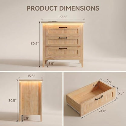 3 Dresser Drawer for Bedroom, 27.6" Wide Wood Bedside Table for Bedroom, Modern Farmhouse Night Stand with Smart RGB Light Strip, Power Outlet, Metal Slides, Anti-Tip Kit, Wood