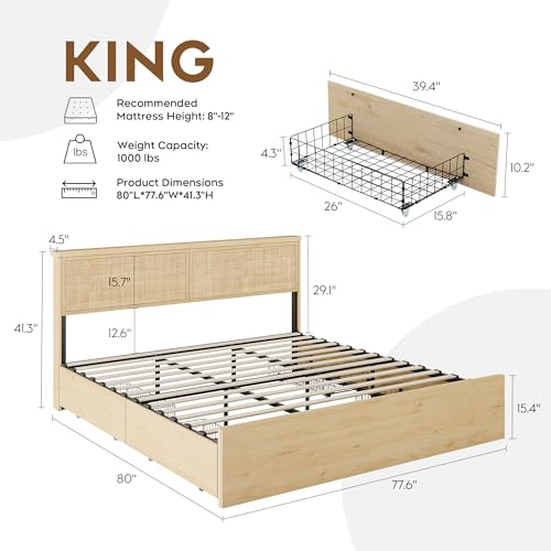 Natural Rattan King Bed Frame with Headboard, 4 Storage Drawers, view 3