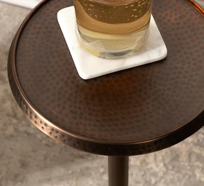 Sanzo Modern Pedestal Drink Table; 9 x 9 x 23; Bronze; Decorative End Table with Hammered Tabletop
