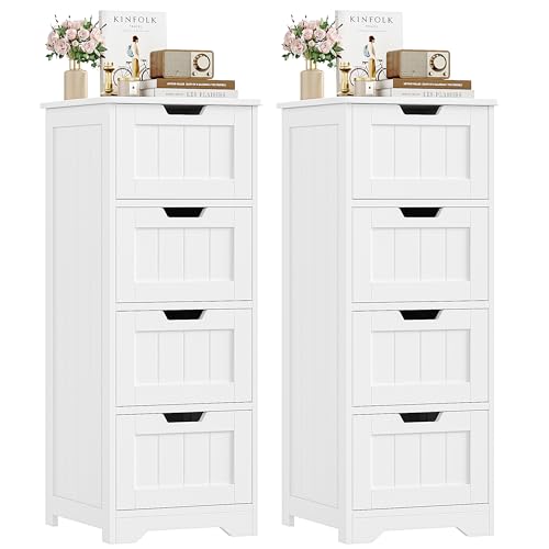 Bathroom Storage Cabinet, Set of 2, Bathroom Cabinet with 4 Drawers, 11.8” x 11.8” x 32.5” Freestanding Entryway Cupboard Storage Organizer Unit Home Furniture Decor, White