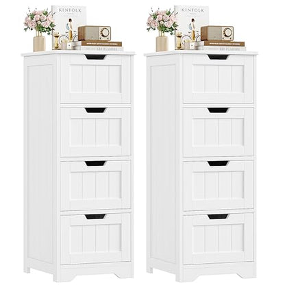 Bathroom Storage Cabinet, Set of 2, Bathroom Cabinet with 4 Drawers, 11.8” x 11.8” x 32.5” Freestanding Entryway Cupboard Storage Organizer Unit Home Furniture Decor, White