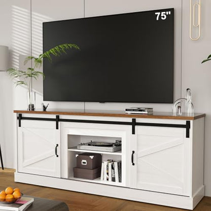 TV Stand up to 75/80" TV, Entertainment Center w/Sliding Barn Doors & Storage Cabinets, Farmhouse TV Console with Adjustable Shelf, Office Furniture for Living Room-White