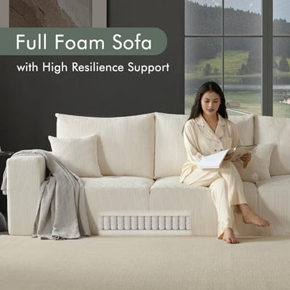 113" Modular Sectional Couch, Cloud Boneless Sofa with Deep Seats, Upholstered Corduroy U-Shaped Sleeper Sofa with Chaise, 3-Seater Couches for Living Room, No Assembly Required, Beige