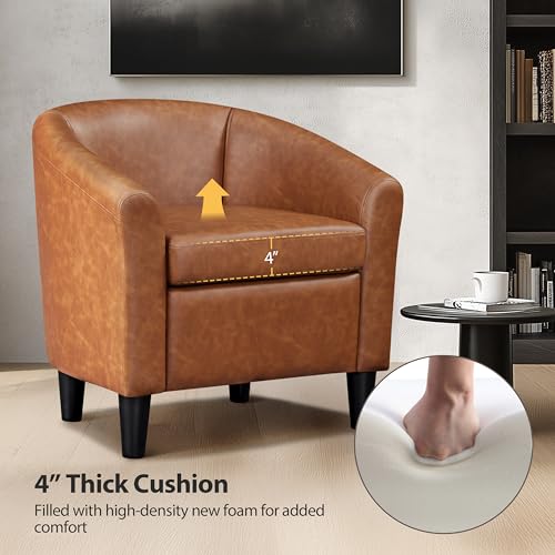 Leather Accent Chair, PU Leather Modern Barrel Chair Club Armchair with Soft Padded for Living Room Bedroom, Brown, Set of 2