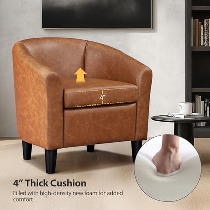 Leather Accent Chair, PU Leather Modern Barrel Chair Club Armchair with Soft Padded for Living Room Bedroom, Brown, Set of 2
