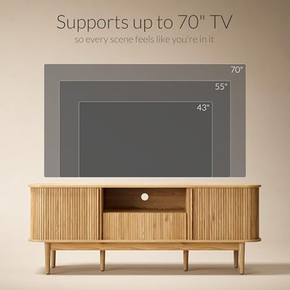 Modern TV Stand for 45/55/70 inch TV, Entertainment Center with Sliding Doors and Storage, Wood TV Stand for Bedroom, Living Room, Natural