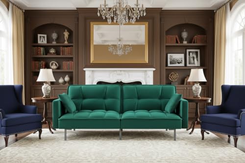 Regal 75.6" Velvet Convertible Sofa Bed - Mid-Century Sleeper Couch w/Tufted Design & Metal Legs - Pull-Out Futon for Guests/Home (75.6" W x 34.6" D x 32" H), Green