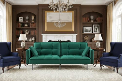 Regal 75.6" Velvet Convertible Sofa Bed - Mid-Century Sleeper Couch w/Tufted Design & Metal Legs - Pull-Out Futon for Guests/Home (75.6" W x 34.6" D x 32" H), Green