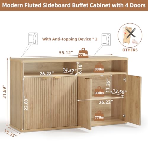 55-Inch Fluted Buffet Cabinet with 4 Doors,Natural Oak, view 3