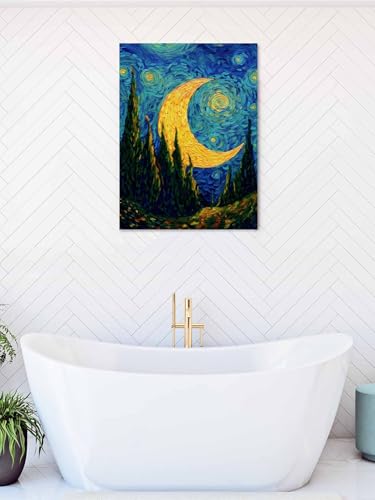 NuYeBiofx Abstract Moon Night Valley Forest Canvas Wall Art Prints,48"x32" Framed Picture Artwork Mystical Impressionist Art Printed Canvas Oil Painting for Living Room Bedroom Office,Ready to Hang