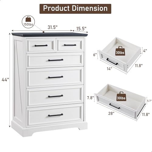 6 Drawer Dresser, Tall Farmhouse Chest for Bedroom, Off White, view 3