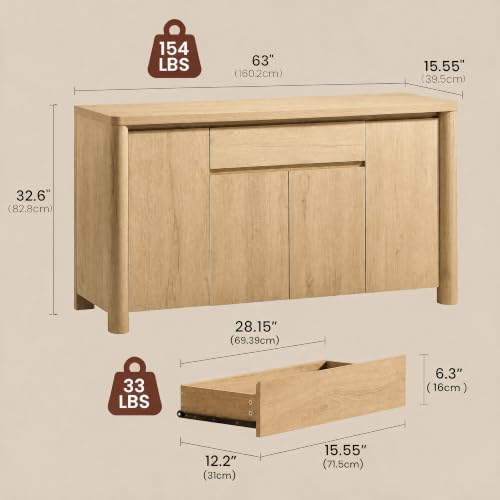 63" Sideboard Buffet Cabinet with Drawer, Wood Credenza Coffee Bar with Storage, view 3