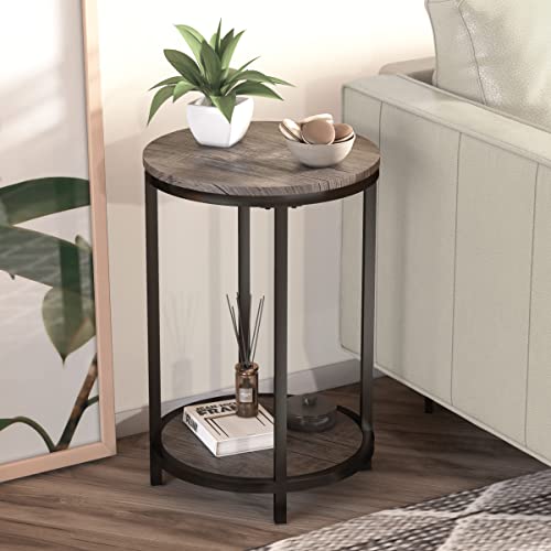Round Side Table Set of 2,16in Rustic Wooden End Table Surface Top & Sturdy Metal Legs Nightstand for Living Room Bedroom Farmhouse Sofa Table with Storage Open Shelf,Light Walnut