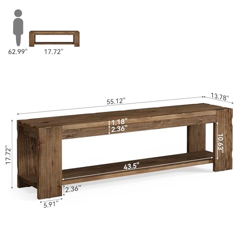 Solid Wood Entryway Bench with Storage Shelf, 55.12-Inch 2-Tier Wood Shoe Bench Seating for Entrance, Hallway, Dining Room, Living Room, Mudroom, Bedroom, Rustic Brown