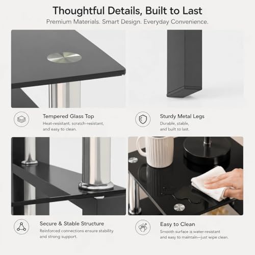 Tempered Glass End Table, Black Modern Square Side Table with Metal Frame, 2-Tier Glass Sofa Table for Home, Bedroom, Apartment & Small Spaces