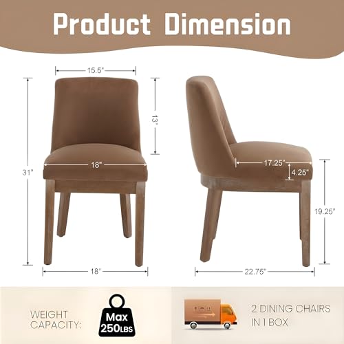 Modern Dining Chairs Set of 2 with Comfortable Back Support, Farmhouse Soft Velvet Upholstered Kitchen Dining Room Chairs with Solid Wood Legs, Armless Accent Side Chairs for Living Room, Khaki