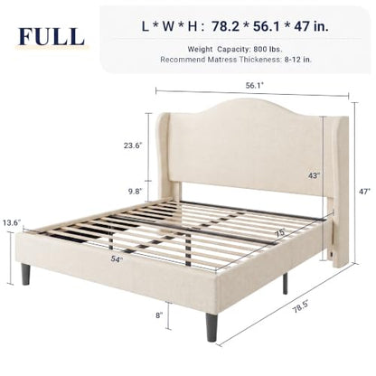 Queen Size Bed Frame, Chenille Wingback, Modern Style, Beige, view 4
