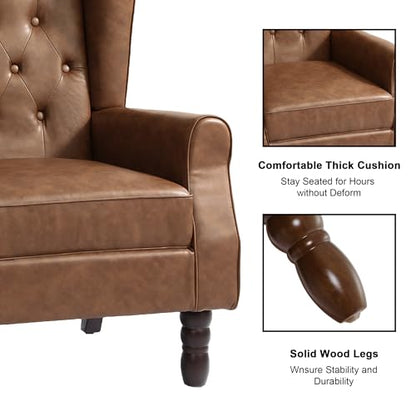 Accent Chair, Upholstered Armchair with Button Tufted High Back & Solid Wood Legs, Comfy Wingback Reading Single Sofa Chair for Small Spaces, Living Room, Bedroom (Leather Brown, Set of 2)