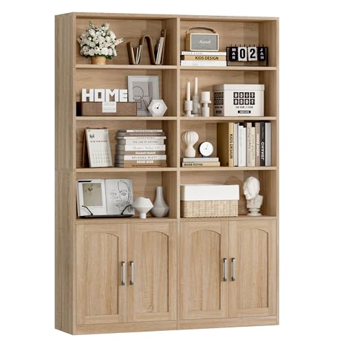 Bookshelf and Bookcase with Doors, 6 Tier Double Wide Large Bookshelves, Open Display Shelves, 73'' Tall Bookshelf with Storage Cabinets for Home Office, Living Room, Library, Oak