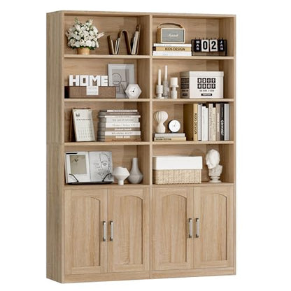 Bookshelf and Bookcase with Doors, 6 Tier Double Wide Large Bookshelves, Open Display Shelves, 73'' Tall Bookshelf with Storage Cabinets for Home Office, Living Room, Library, Oak