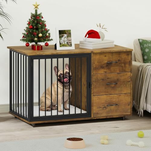 46" Dog Crate Furniture with Hidden Dog Feeders & 2 Drawers, view 2