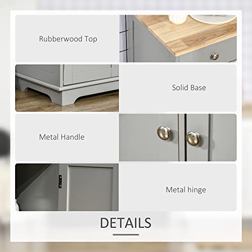 Sideboard Buffet Cabinet with Solid Wood Countertop, Modern Kitchen Storage Cabinet, Coffee Bar Cabinet with 3 Drawers, Doors and Adjustable Shelf, Gray
