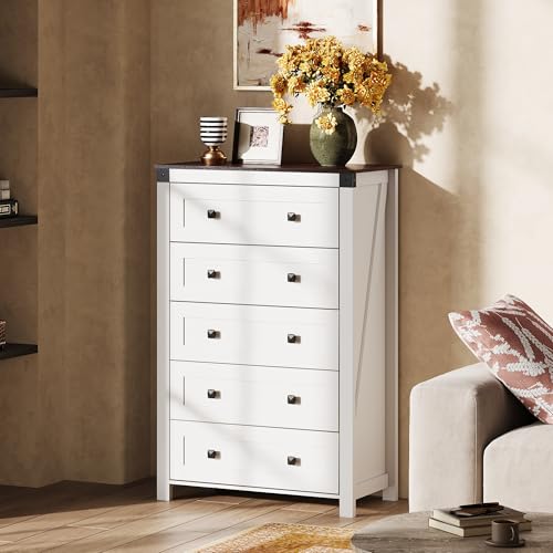 5-Drawer 31.50"W Farmhouse TV Stand with Rustic Handles, White, view 3