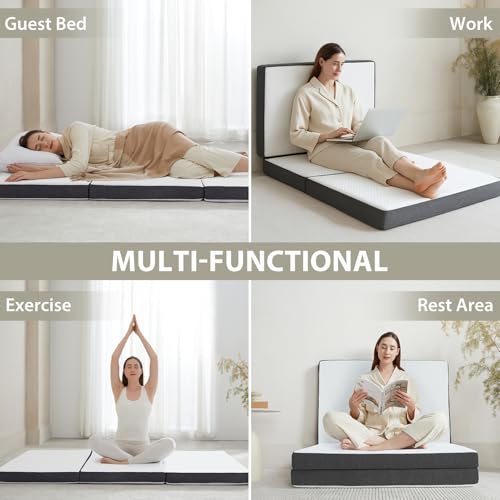 Tri Fold Memory Foam Foldable Mattress Twin, 3 inch Folding Mattress for Guest Sleep. Portable Trifold Mat with Removable Washable Cover, Floor Sleeping Mat for Adult and Kid