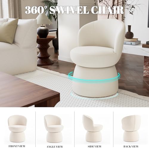 360 Degree Swivel Vanity Chair, Barrel Textured Accent Chair with Boucle Fabric, Modern White Accent Chairs, for Living Room, Dressing Room, Reading Nook