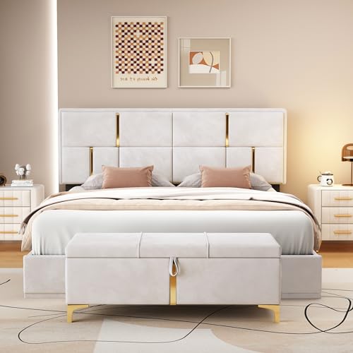 Queen Size Upholstered Bed Frame with Storage Ottoman, Hydraulic Storage Bed Frame with Headbaord and Storage Bench, 2-Piece Bedroom Furniture Set - Beige