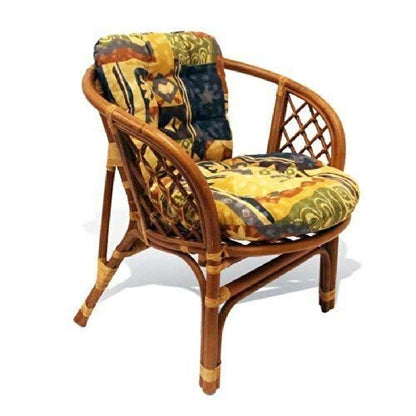 Lounge Set of 3: 2 Natural Rattan Wicker Bahama Armchairs with Cushion and Round Coffee Table Handmade Tropical Style, Cognac